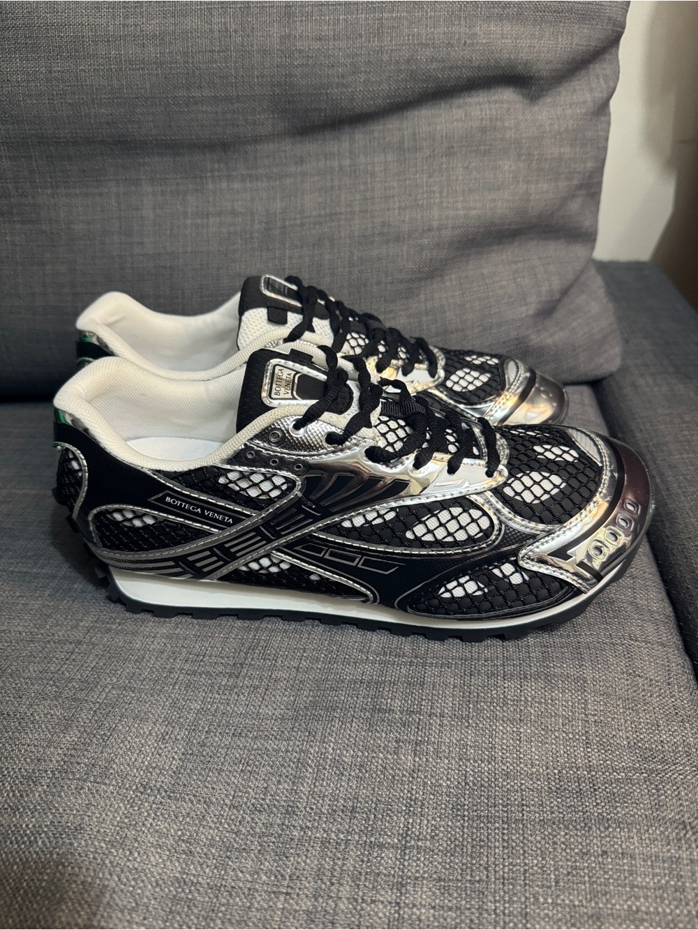 Bottega Veneta Black & Silver Mesh Runner Sneakers